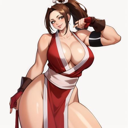 (masterpiece, best quality:1.3), DrakkaiArt, 1girl, solo, looking at viewer, wide hips, mature female, closed mouth, seductive smile, large breasts, cowboy shot, thick thighs, <lora:DrakkaiArt Style Lora:.85>, shiranui mai, brown eyes, muscular female, long hair, brown hair, white ribbon, sleeveless, ponytail, sash, pelvic curtain, arm guards, gloves, tabi  <lora:shiranui maiV1:.7>