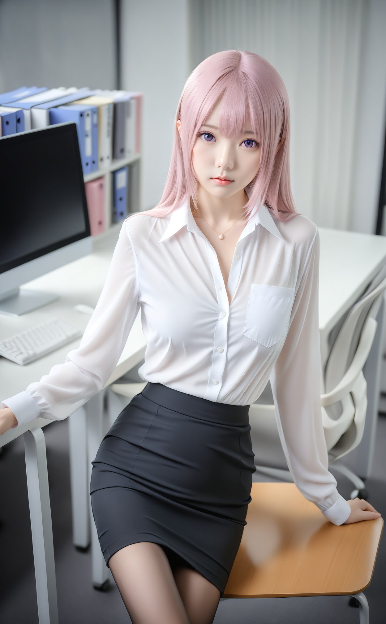 masterpiece,best quality,high quality,1girl,pink hair,solo,skirt,pantyhose,shirt,white shirt,looking at viewer,pencil skirt,long hair,office lady,black skirt,collared shirt,purple eyes,indoors,sitting,long sleeves,black pantyhose,office,closed mouth,head tilt,computer,chair,lips,monitor,dress shirt,desk,