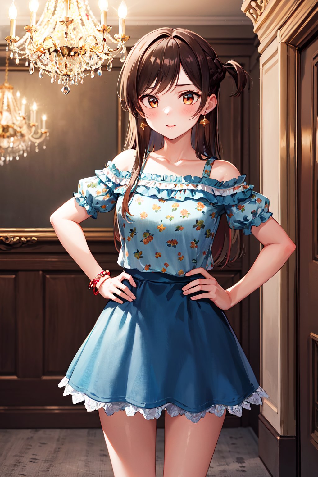 masterpiece, best quality, highres, aachizuru, long hair, one side up, earrings, bare shoulders, floral print, frills, blue shirt, short sleeves, bracelet, blue skirt, <lora:mizuhara_chizuru_v2:0.7>, indoors, chandelier, indoors, standing, cowboy shot, hands on hips, 