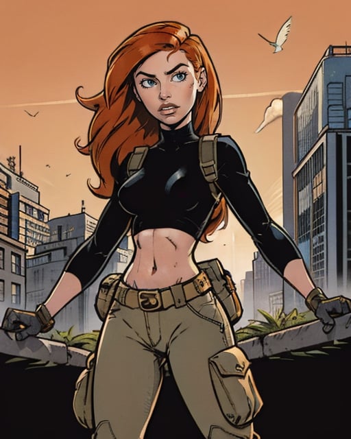 comic artwork of kim possible, long hair, black turtleneck, sleeves, gloves, navel, cargo pants, utility belt, city background, <lora:Ann_Possible-DEF:0.7>epic, dynamic shadows, cinematic lighting, daylight, warm summer day, crosshatching, 2D, Sharp, Detailed, HD, HDR, High Quality, High Resolution, Masterpiece