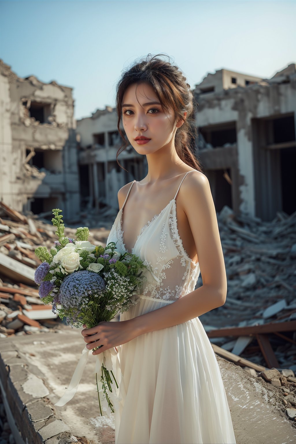 1girl,white dress,bouquet,rubble_ruins,<lora:麻袋2024-008:0.6>,, masterpiece,best quality,ultra-detailed,