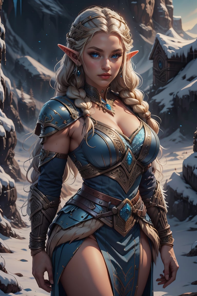 1girl, solo, long hair, breasts, looking at viewer, blue eyes, blonde hair, dress, jewelry, standing, braid, white hair, cowboy shot, earrings, pointy ears, Viking elf, lips, grey eyes, ( Elf Viking clothes) background, elf,<lora:EMS-301994-EMS:0.800000>,<lora:EMS-285784-EMS:0.800000>