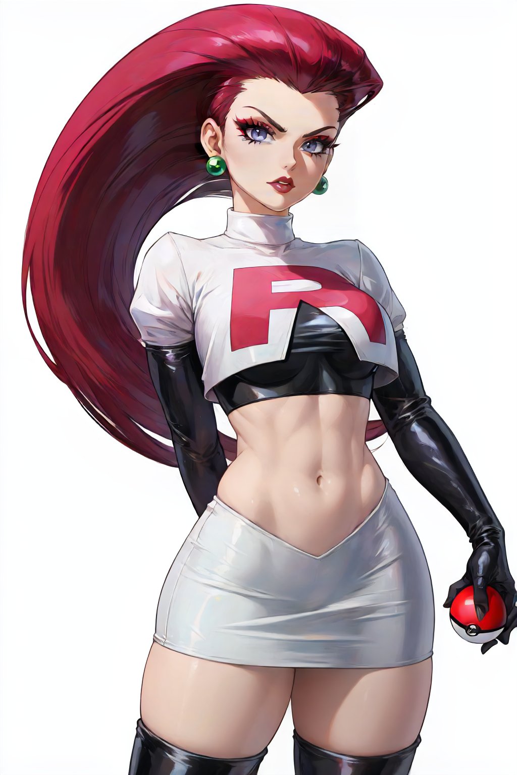 jessie, team rocket, earrings, hair slicked back, holding poke ball, makeup, elbow gloves, crop top, miniskirt, thigh boots, cowboy shot, white background <lora:TR_Jessie-DEF:0.7>, perfect, sharp, masterpiece, detailed, high resolution, best quality,