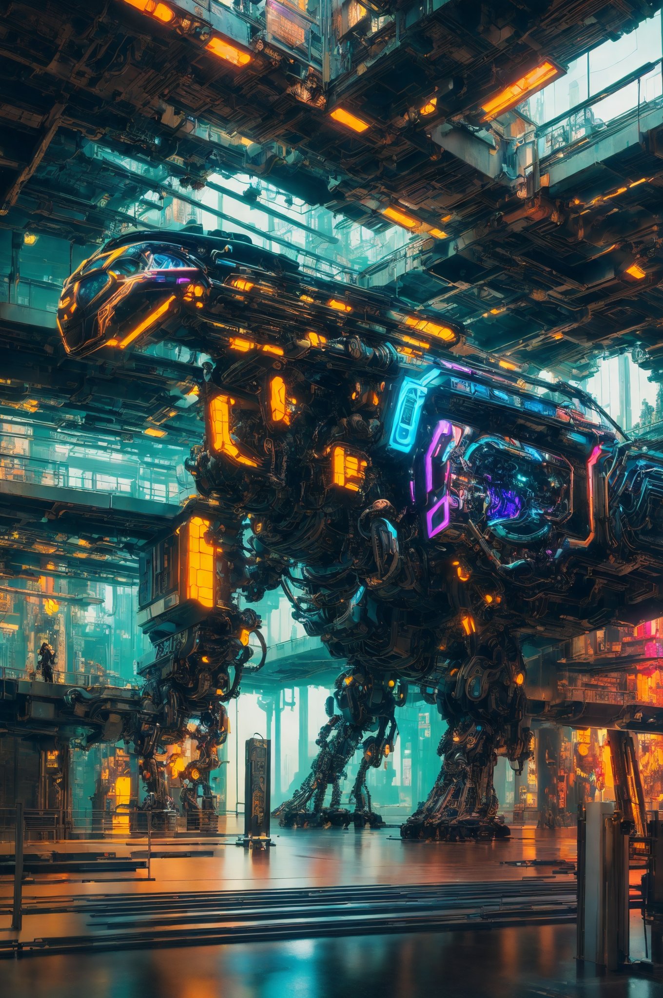 (masterpiece, top quality, best quality, official art, beautiful and aesthetic:1.2) ,cover art, biomechanical cyberpunk Colorful Alluring Museum from inside of a Tokyo, cybernetics, human-machine fusion, dystopian, organic meets artificial, dark, intricate, highly detailed, assembly robot factory