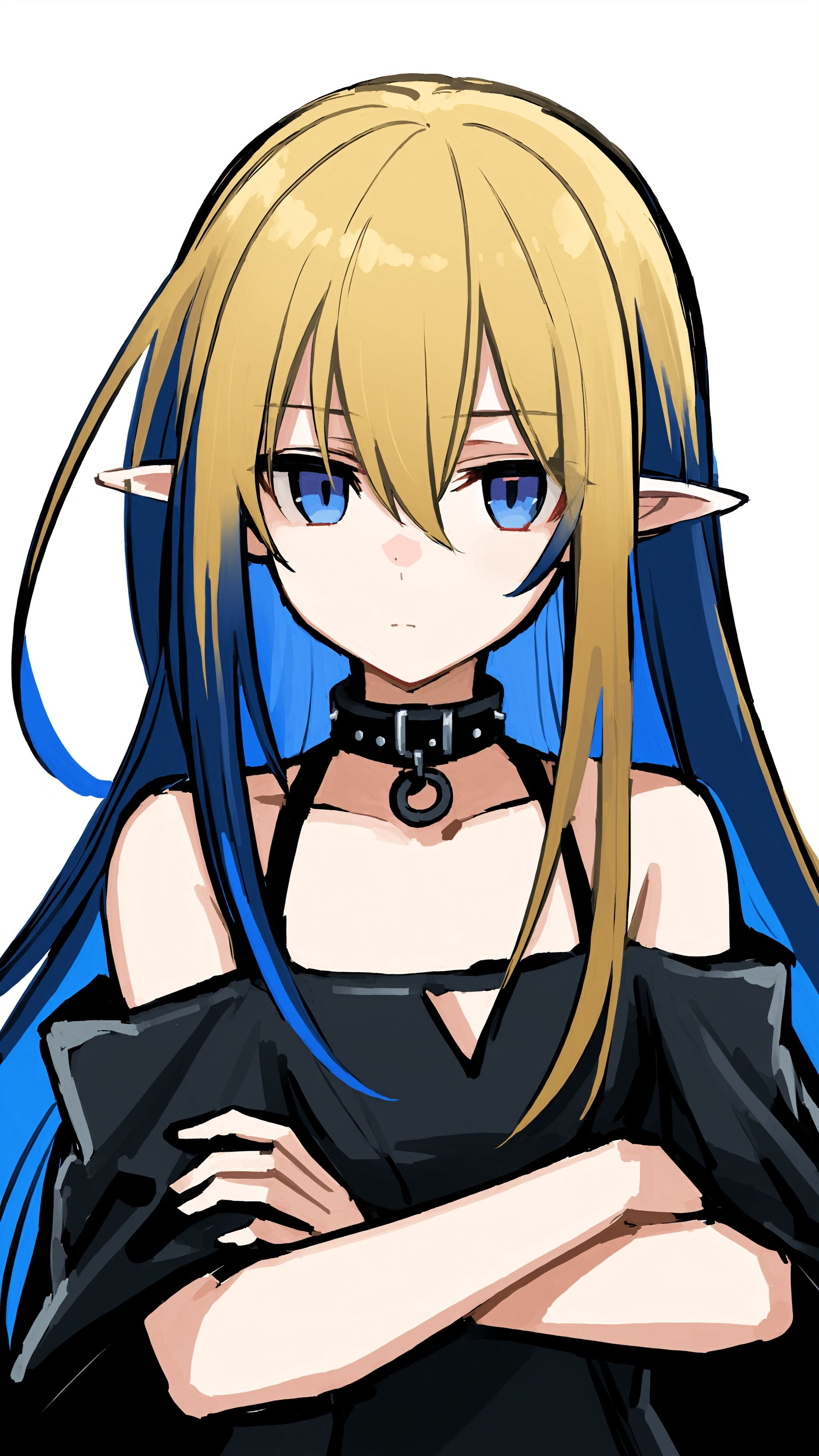 1girl, solo, black dress, white background, simple background, dress, black collar, long hair, blue eyes, blonde hair, blue hair, multicolored hair, crossed arms, looking at viewer, off shoulder, hair between eyes, pointy ears, sleeveless dress, collar, upper body, bare shoulders    <lora:XLTEST 13:0.75>