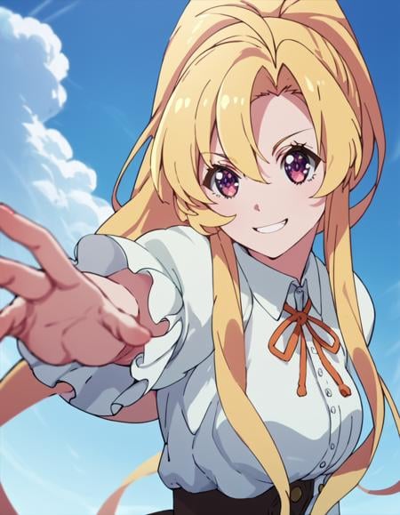 score_9, score_8_up, score_7_up, score_6_up, score_5_up, score_4_up, source_anime, , Fal, long hair, blonde hair, hair between eyes, purple eyes,  soft smile, action pose