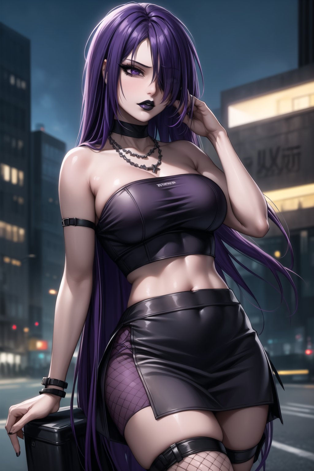 ((best quality)), ((highly detailed)), masterpiece, ((official art)), detailed face, beautiful face, (detailed eyes, deep eyes), seductive posing, (cowboy shot),sumire kakei, purple eyes,, (sexy:1.3), (long straight purple  hair, dark purple  hair, long straight hair, hair covering one eye:1.5), long straight hair:1.3,(makeup, black lips:1.3),(  pale white skin, very white skin, goth, long eyelashes, medium to big breasts, black necklace, black fishnet shirt, black tube top, black fishnet shirt over black tube top, black skirt, city street, nighttime)), intricately detailed, hyperdetailed, blurry background, depth of field, best quality, masterpiece, intricate details, tonemapping, sharp focus, hyper detailed, trending on Artstation, 1 girl, high res, official art<lora:EMS-93-EMS:0.600000>, <lora:EMS-31593-EMS:0.200000>, <lora:EMS-28161-EMS:0.300000>, <lora:EMS-401523-EMS:0.800000>, <lora:EMS-60783-EMS:0.600000>