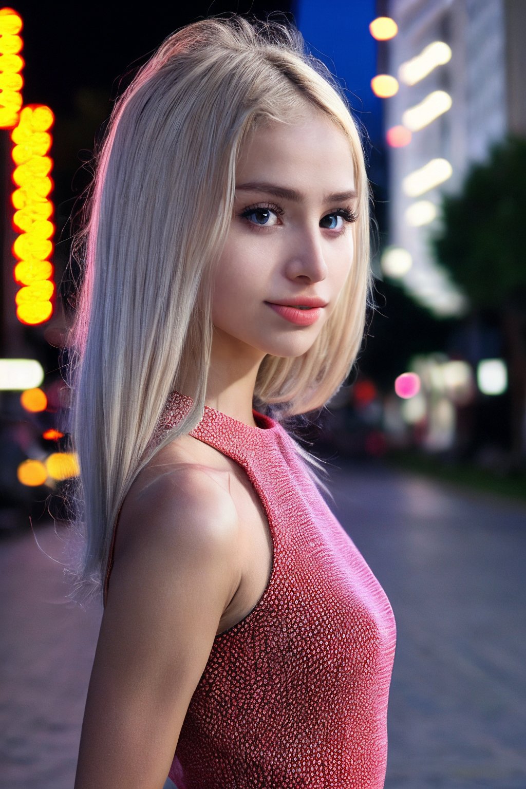 <lora:SC-Lolibela:0.85>, photo of l0l1b3l4, 1girl, petite girl, skinny, pale skin, platinum blonde hair, from side, (cowboy shot:1.2), detailed background, red dress, walking at the city streets, night, epiCRealism, epiCPhoto