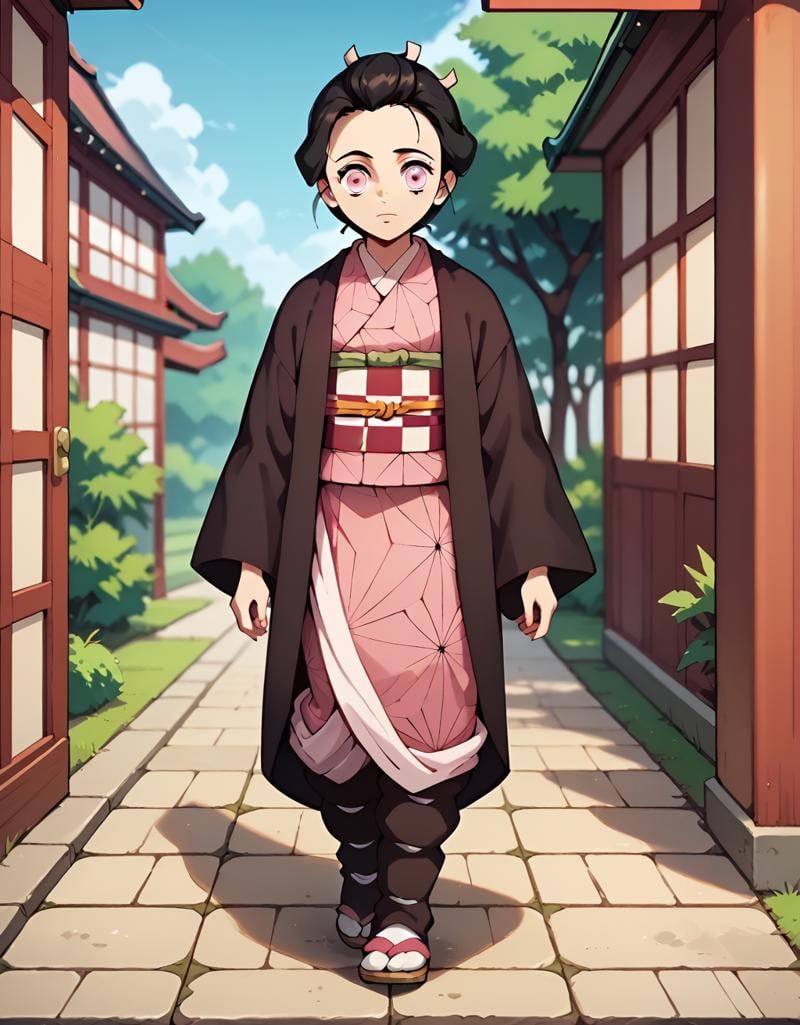 <lora:NezukoKamadopony-10:1> NezukoHum, kamado nezuko, 1girl, short hair, black hair,  haori, pink kimono, checkered sash,  obi, wide sleeves, long sleeves, Walking with a prancing step,, score_9, score_8_up, score_7_up, score_6_up, score_5_up, score_4_up,