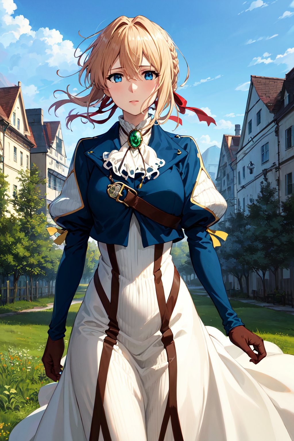 masterpiece, best quality, highres, violet evergarden, braid, hair ribbon, red ribbon, jewelry, white ascot, brooch, blue jacket, long sleeves, brown gloves, white dress, long dress, <lora:violet_evergarden_v1:0.7>, standing, cowboy shot, outdoors