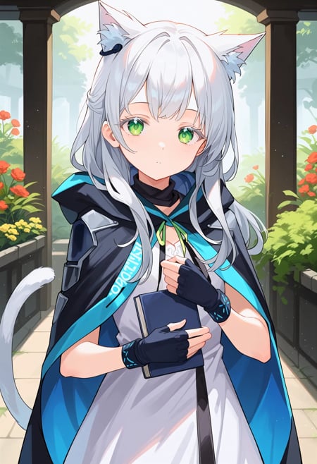 rosmontis, score_9, best quality,white eyelashes, 1girl, animal ears, green eyes, long hair, cat ears, gloves, fingerless gloves, dress, looking at viewer, holding, black gloves, earpiece, grey hair, cat girl, cat tail, white dress, tail, animal ear fluff, holding book, bangs, hood down, closed mouth, hood, cloak, open clothes,expressionless, portrait, upper body, standing, garden, <lora:rosmontisXL_pony:1>