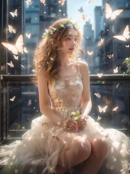 (A beautiful and sunny girl:1.2),(black hair:1.1),Wearing a white wedding dress,(wreath:1.2),Happiness,Smile,Vitality,<lora:Butterfly蝴蝶_v1.0:0.7>,white butterfly,(fresh green plants:1.1),gentle sunshine,<lora:﷿光:0.36>,<lora:金钟罩:0.3>,, (masterpiece:1,2), best quality, masterpiece, highres, original, extremely detailed wallpaper, perfect lighting,(extremely detailed CG:1.2）
