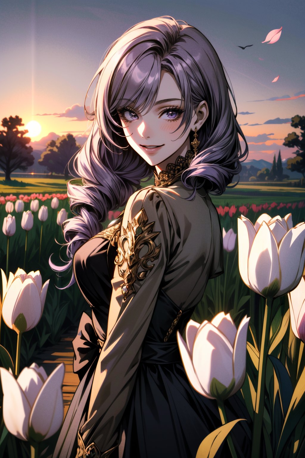 ((ultra detailed, masterpiece, absurdres)) <lora:HGDaniella:0.9>HGDaniella, 1girl, twin drills, purple hair, in a field of tulips, golden hour, elegant dress, smiling