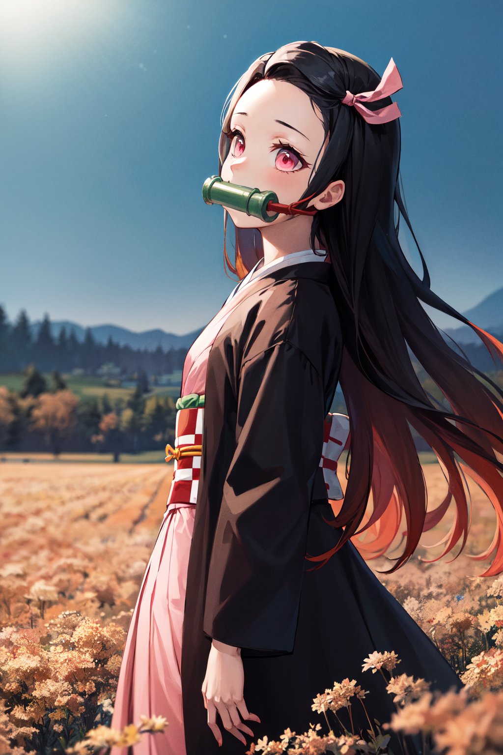 masterpiece, best quality, highres, aanezuko, long hair, multicolored hair, hair ribbon, bit gag, mouth hold, japanese clothes, pink kimono, haori, black jacket, long sleeves, checkered sash, obi, <lora:kamado_nezuko_v1:0.7>, night, field, from side,