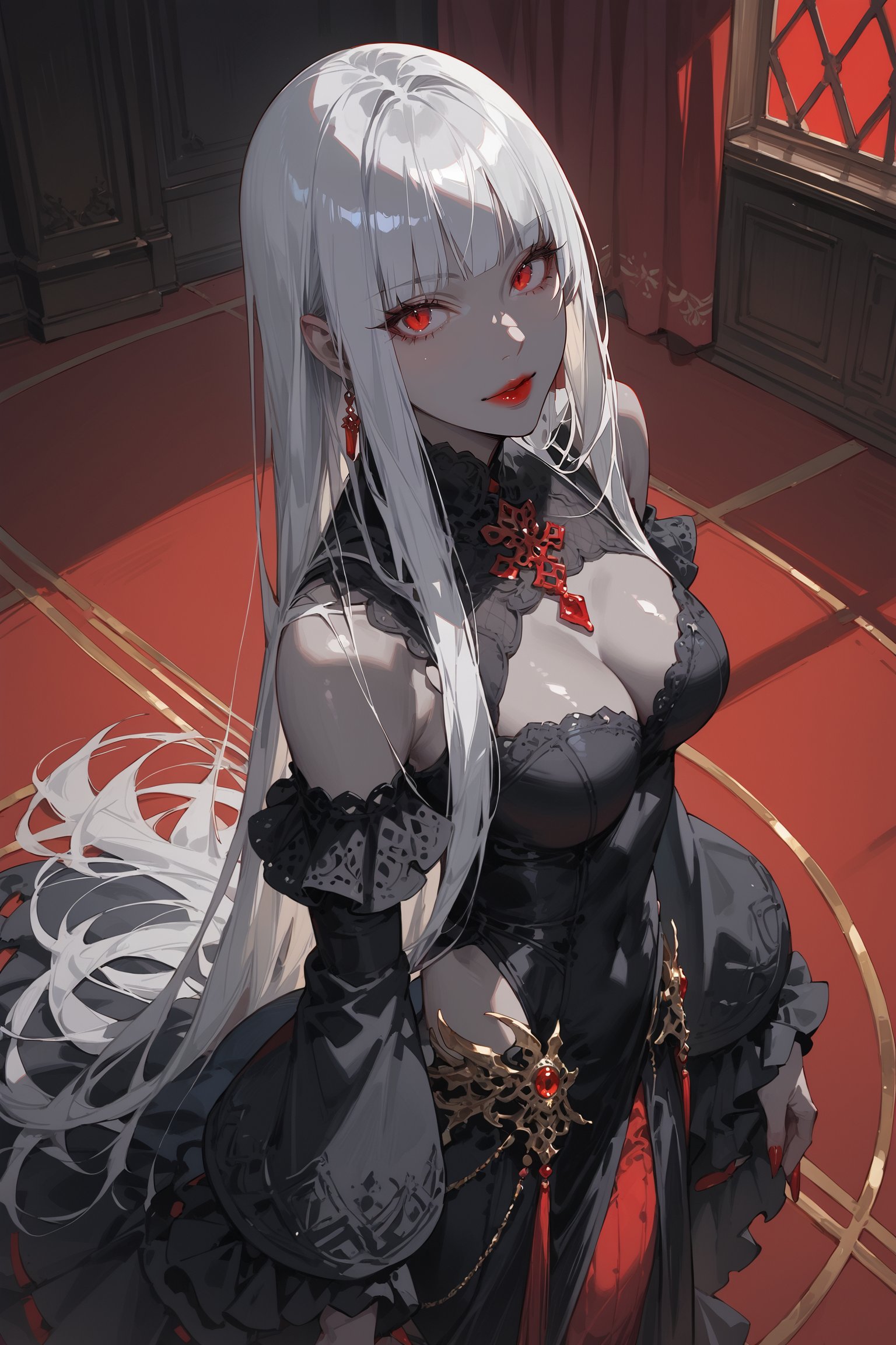 score_9, score_8_up, score_7_up, source_anime, detailed illustration, 8K UHD, face focus, ((from above side angle:1.2)), vampire, ((grey skin tone:1.4)), 1girl, solo, looking at viewer, red lips, cleavage, medium breasts, red eyes, grey hair, long hair, hime_cut, bangs, black fur dress, ((black sleeves, deteached sleeves)), intricate dress, standing, indoors, dark background, head tilted up