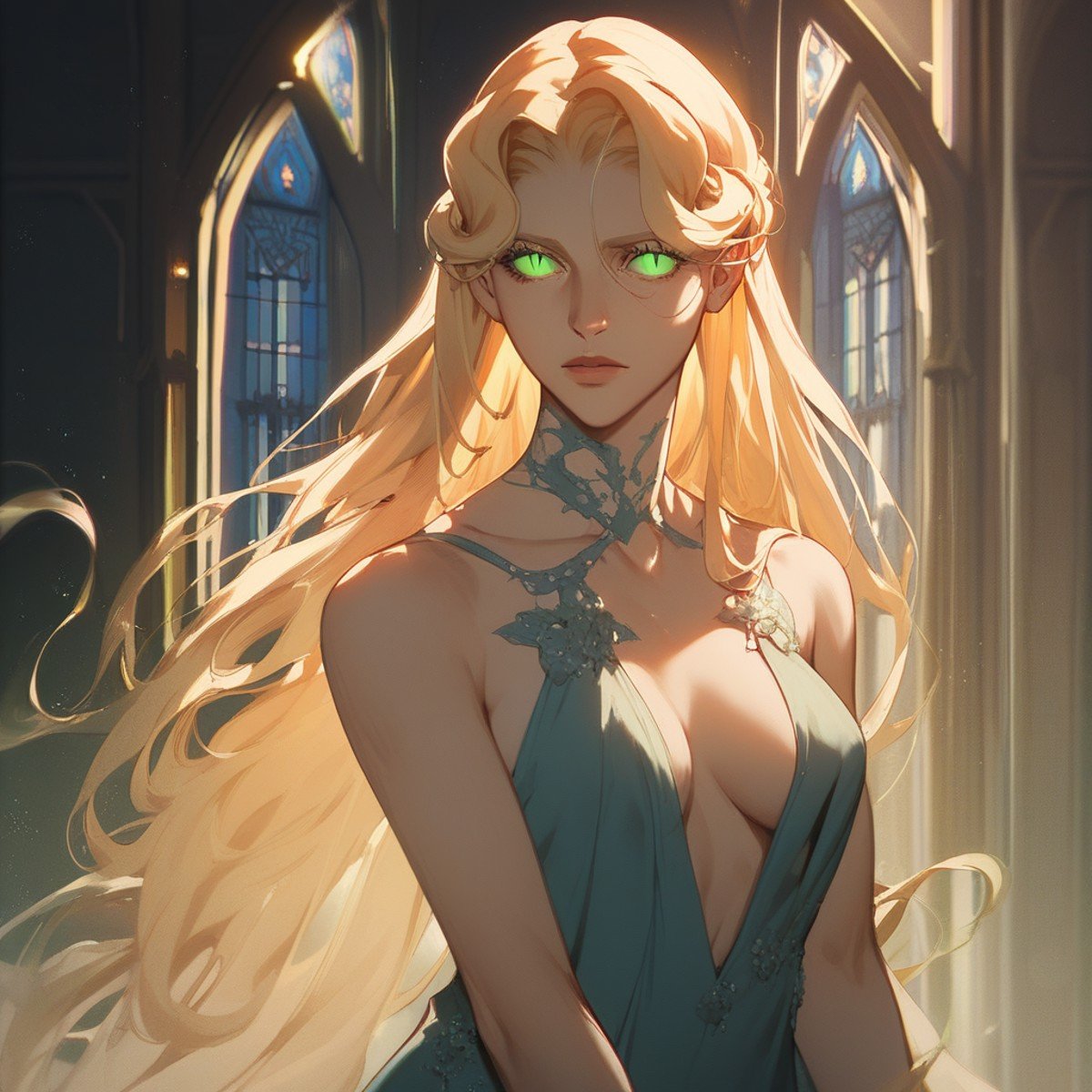 score_9, score_8_up, score_7_up, score_6_up, masterpiece, Castlevania_(Netflix), 1woman, blonde, long hair, intricate hairstyle, green eyes, glowing eyes, slit_pupils, revealing clothes, dress, evening_dress, evening_gown, castlevania style, light shining, rays of light, night,