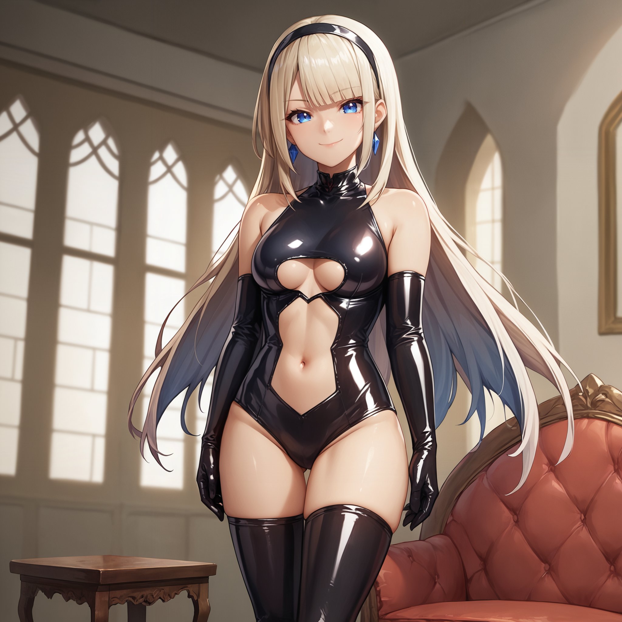 score_9, score_8_up, score_7_up, source_anime,mylene rafa holfortm, 1girl, evil smile, closed mouth, latex princess, stomach cutout, bare shoulders,solo, cowboy shot, standing, indoors,  <lora:latex-princess3-005:0.8>  <lora:mylene_rafa_holfort_XL_pony_v1:0.6> 