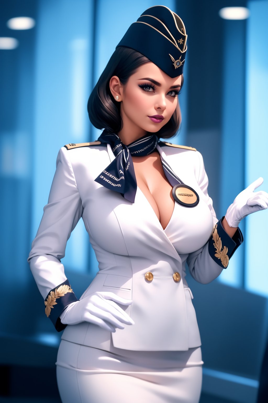 cinematic film still 1girl, solo, ((Mystical Silver Mist theme)), beautiful adult woman, eyeliner, eyeshadow, makeup, purple lips [black hair]  hair,best quality, high quality, high detail, 4k, 8k resolution,rim lighting <lora:Stewardess-64:0.80> st3w4rd3ss, uniform, white gloves, lapel, garrison cap, flight pin, name tag, pencil skirt, scarf, cuffs, large breasts, hourglass figure . shallow depth of field, vignette, highly detailed, high budget, bokeh, cinemascope, moody, epic, gorgeous, film grain, grainy