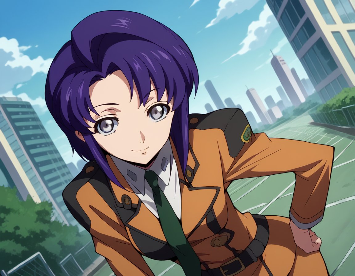 score_9, score_8_up, score_7_up, source_anime,cecilecroomy, <lora:cecile-croomy-s1-ponyxl-lora-nochekaiser:1>,cecile croomy, short hair, grey eyes, purple hair,necktie, belt, uniform, military, military uniform,outdoors, cityscape, bent over, smile,looking at viewer, dutch angle, cowboy shot, solo,