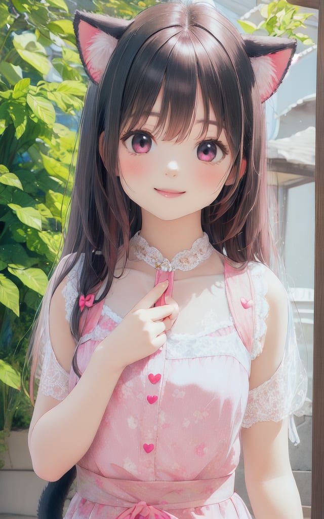 (masterpiece), (best quality), photo realistic, (extremely detailed), (1girl), solo, (pretty cute girl), looking at viewer, smile, slender, evenly sized eyes, extremely detailed eyes, upper body, outdoors, extremely detailed wallpaper, (completely detailed features), 16k, pink eyes, pink hair, cat girl, black animal ears, black tail, looking at viewer, smile, peace sign, pink kawaii room, heart item, red ribbon, pink and white dress, standing, indoors, fluffy<lora:EMS-459915-EMS:1.000000>