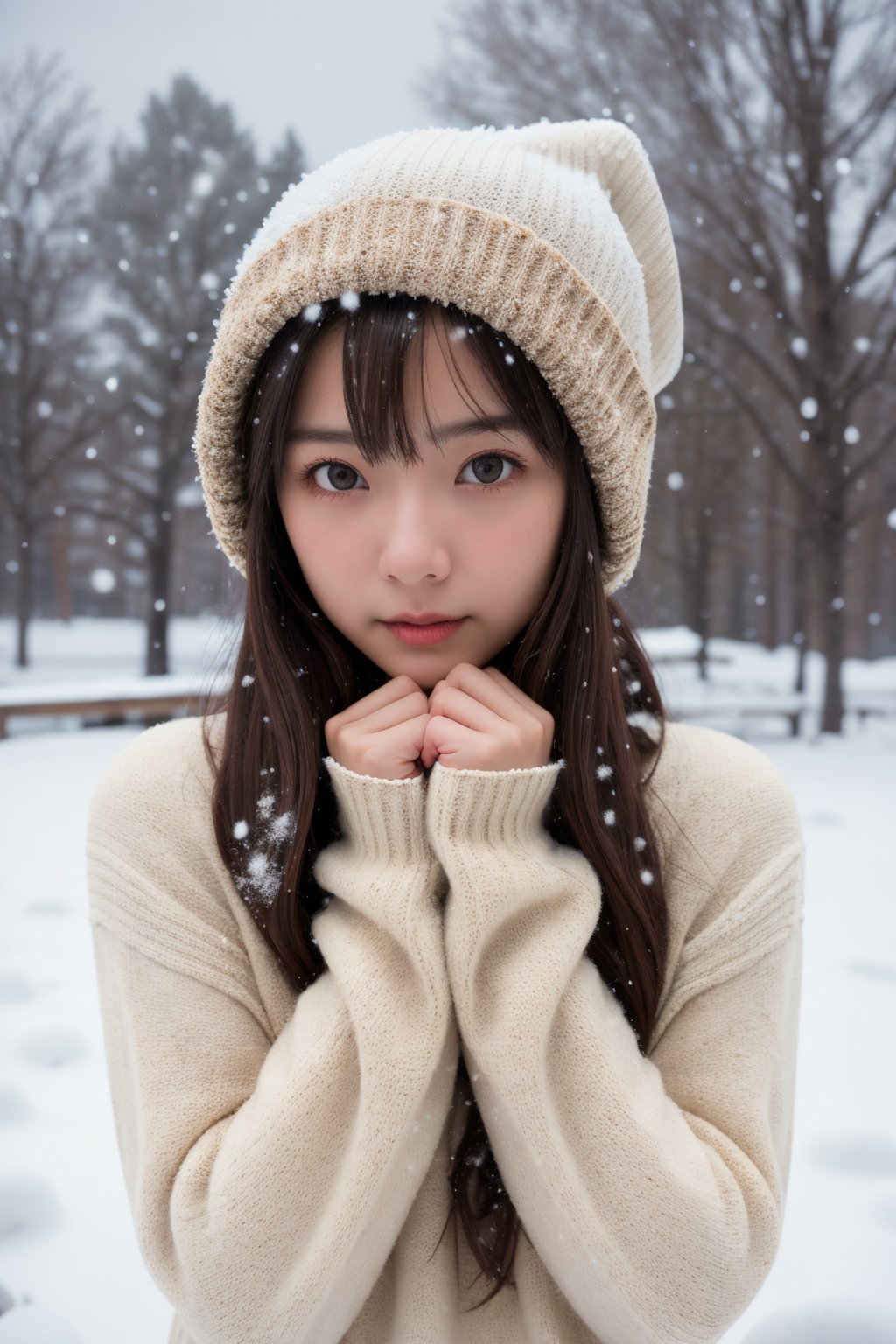 masterpiece, best quality, raw photo, realistic, adult girl, looking at viewer, supporting head on two hands, long hair, sweater, sweater hat,extremely beautiful detailed face, best shadow, medium breasts, (cute face, temptations look), snowing, snowing background, (sepia photography),(professional photo, balanced photo, high contract exposure)