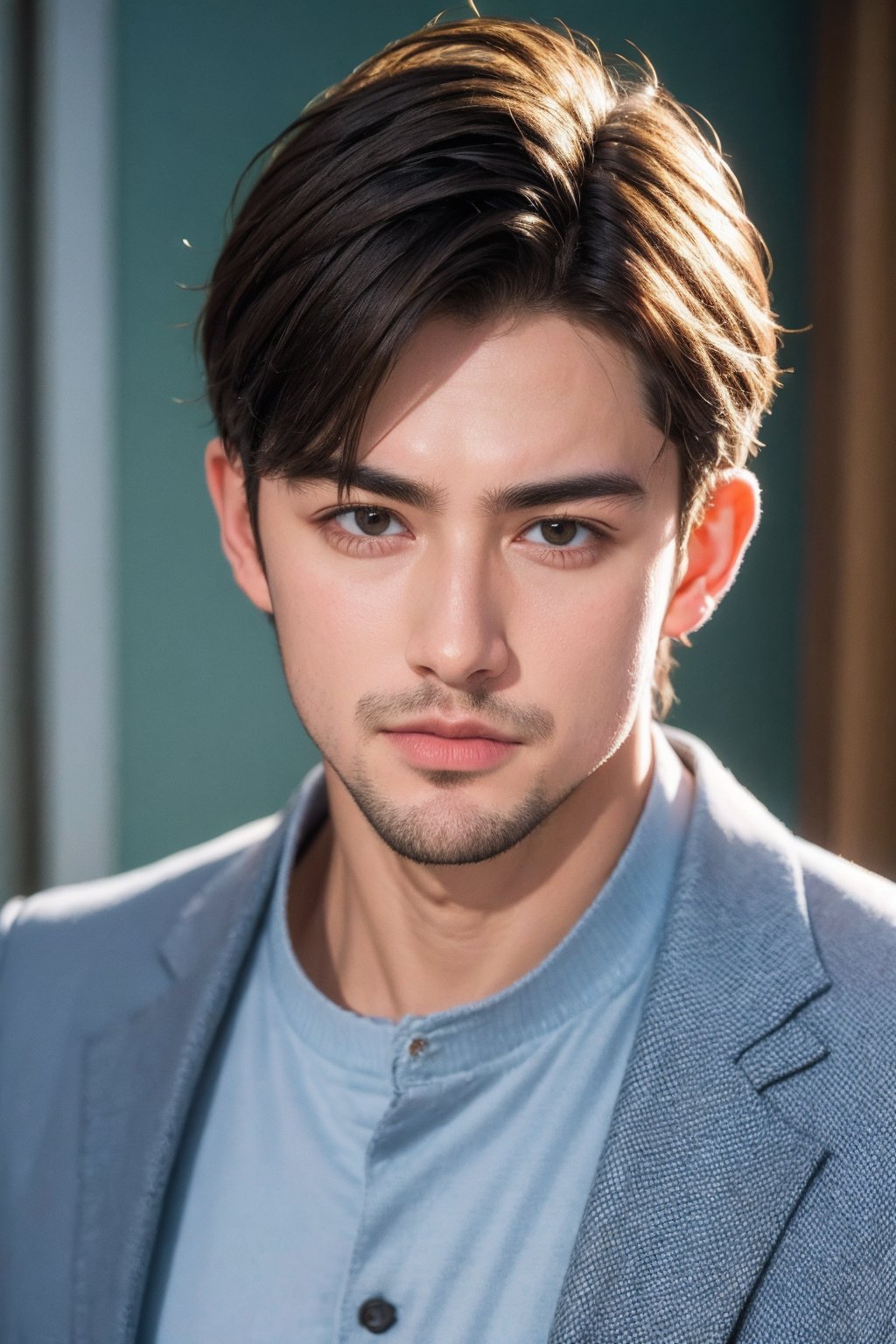 realistic, solo, photorealistic, male focus, 1boy, looking at viewer, shirt, brown eyes, short hair, brown hair, black shirt, jacket, facial hair, closed mouth, grey jacket, portrait