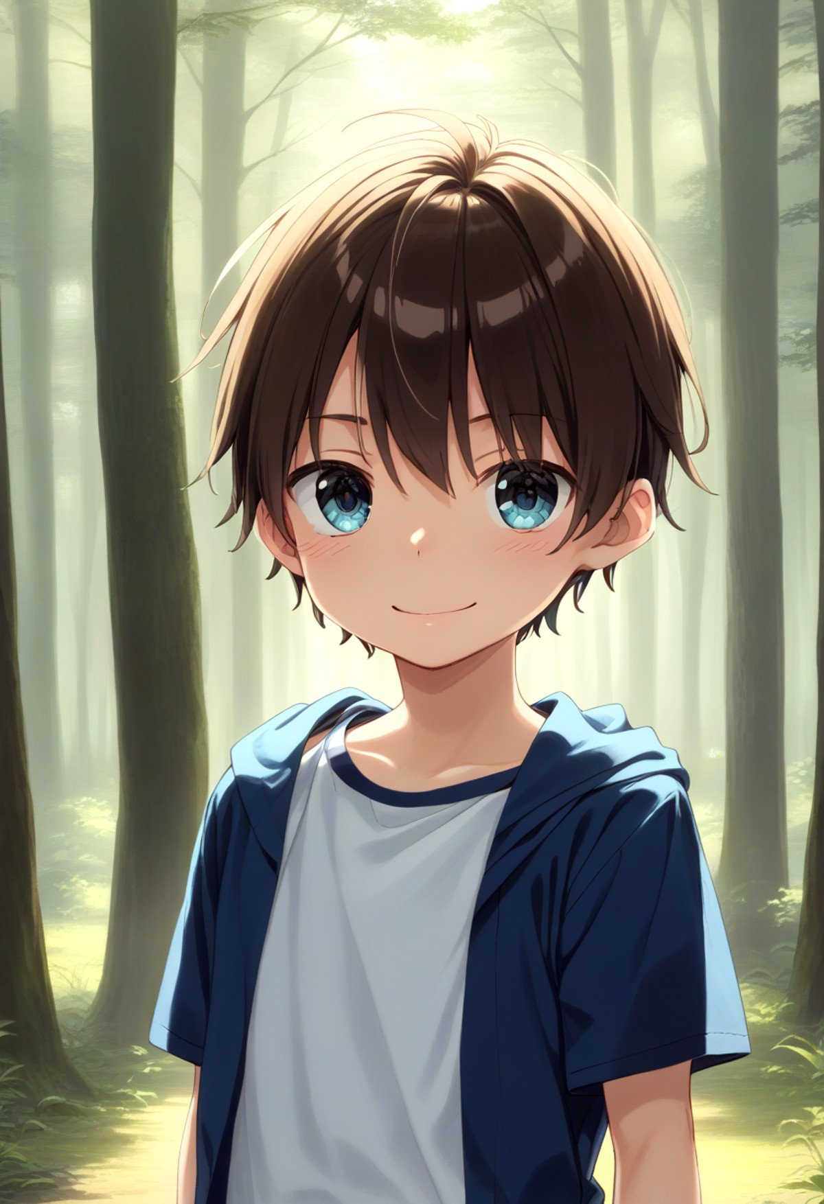 score_9, score_8_up, score_7_up, detailed eyes, forest, BREAKstraight on shot, standing,  <lora:PerfectEyesXL:0.8> perfecteyes, <lora:cutifiedanimecharacterdesign_variant_type_D_PonyXL_v10:0.7> 1boy, type-d,brown hair, shirt,  petite, young, solo smile || bright smile,full shot,bagpack