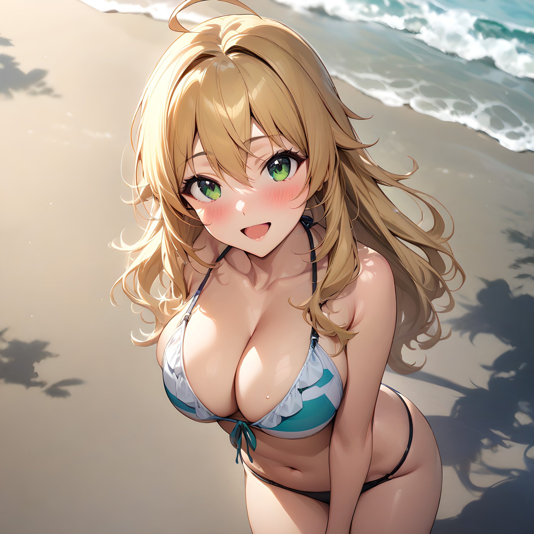 (masterpiece),(best quality),(ultra-detailed),(best illustration),(best shadow),(absurdres),(detailed background),(very aesthetic), hoshii_miki, 1girl, breasts, blonde hair, swimsuit, green eyes, ahoge, bikini, long hair, solo, large breasts, cleavage, smile, open mouth, blush, looking at viewer <lora:Hoshii_Miki:1>