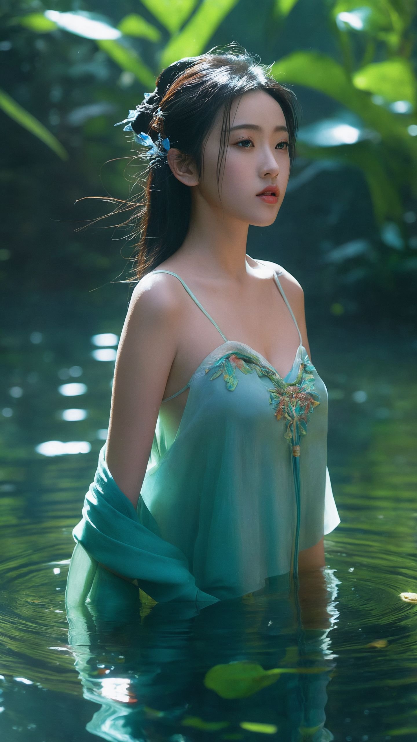 Realistic,chinese girls,big chest,Jungle,pond,partially submerged in water,cool colors,bright,cinematic,highly detailed,very intricate,stunning,light shining deep clear focus,extremely fine detail,real,emotional,beautiful,delicate,sharp,artistic,elegant,calm epic,singular color,coherent,complex,amazing composition,ambient,shiny,vibrant,imposing,(nsfw:0.8),