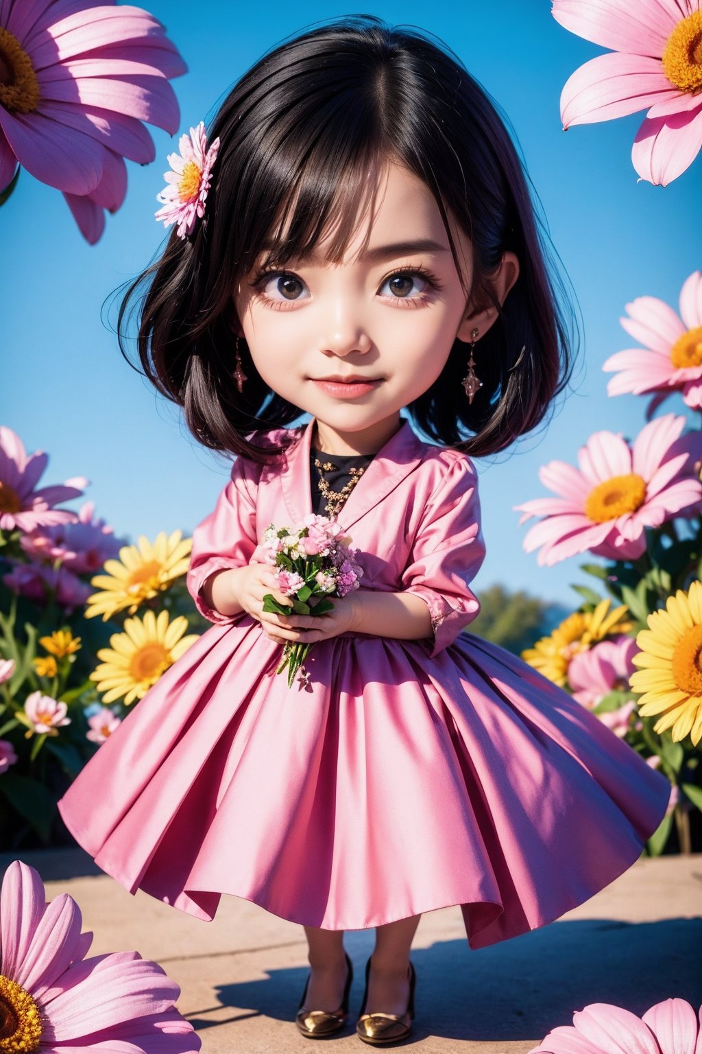 1girl, flower, solo, black hair, hair flower, wide sleeves, jewelry, long sleeves, vase, earrings, looking at viewer, brown eyes, black eyes, outdoors, chibi, pink dress,