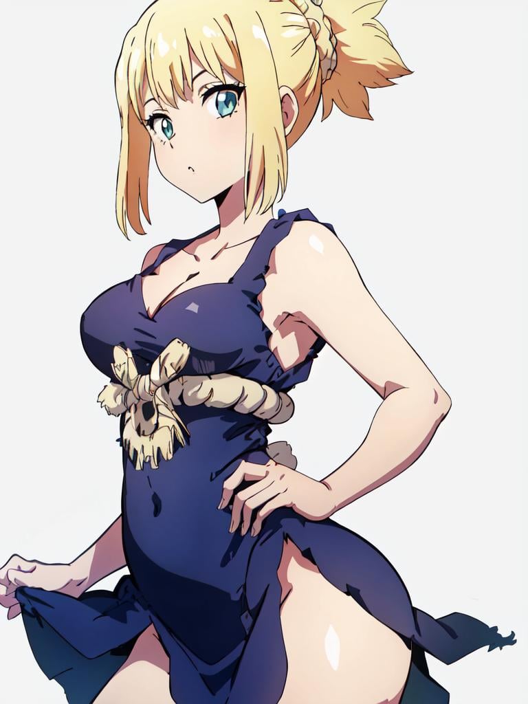 1girl, solo, kohaku, blonde hair, hair bun, looking at viewer, hair ornament, sleeveless, dress, cleavage, <lora:kohaku-ALK:1>, (contrapposto), thick thighs, simple background, cowboy shot