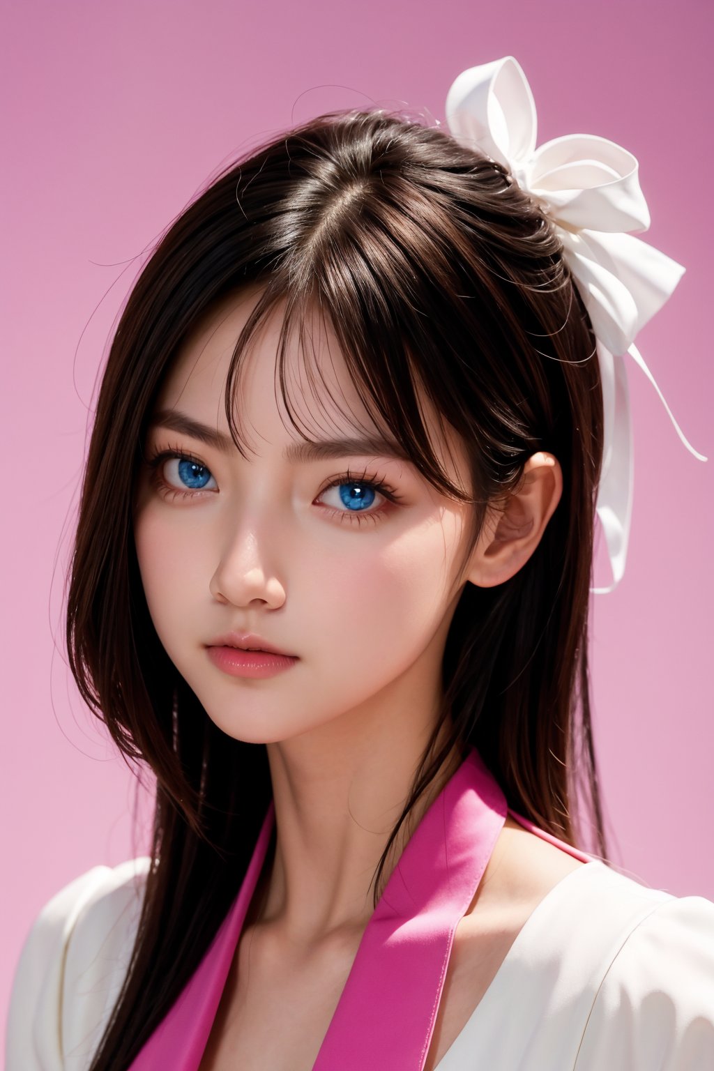 <lora:AgainEyes:0.25>,1girl,black hair,portrait,white dress,blue eyes,shining eyes,(pink simple background:1.25),