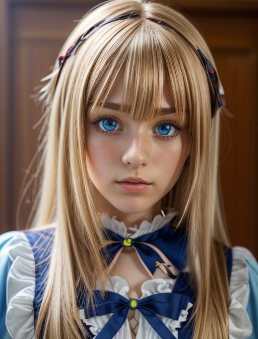 best quality, masterpiece, highres, detailed, realistic, cosplay, <lora:Detail - add_detail:0.2>, PrincessMia20, blue eyes, blonde hair, blunt bangs, blue dress, ribbon, ojou-sama pose,  <lora:Character - PrincessMia20:0.7>, 20 year old european girl,