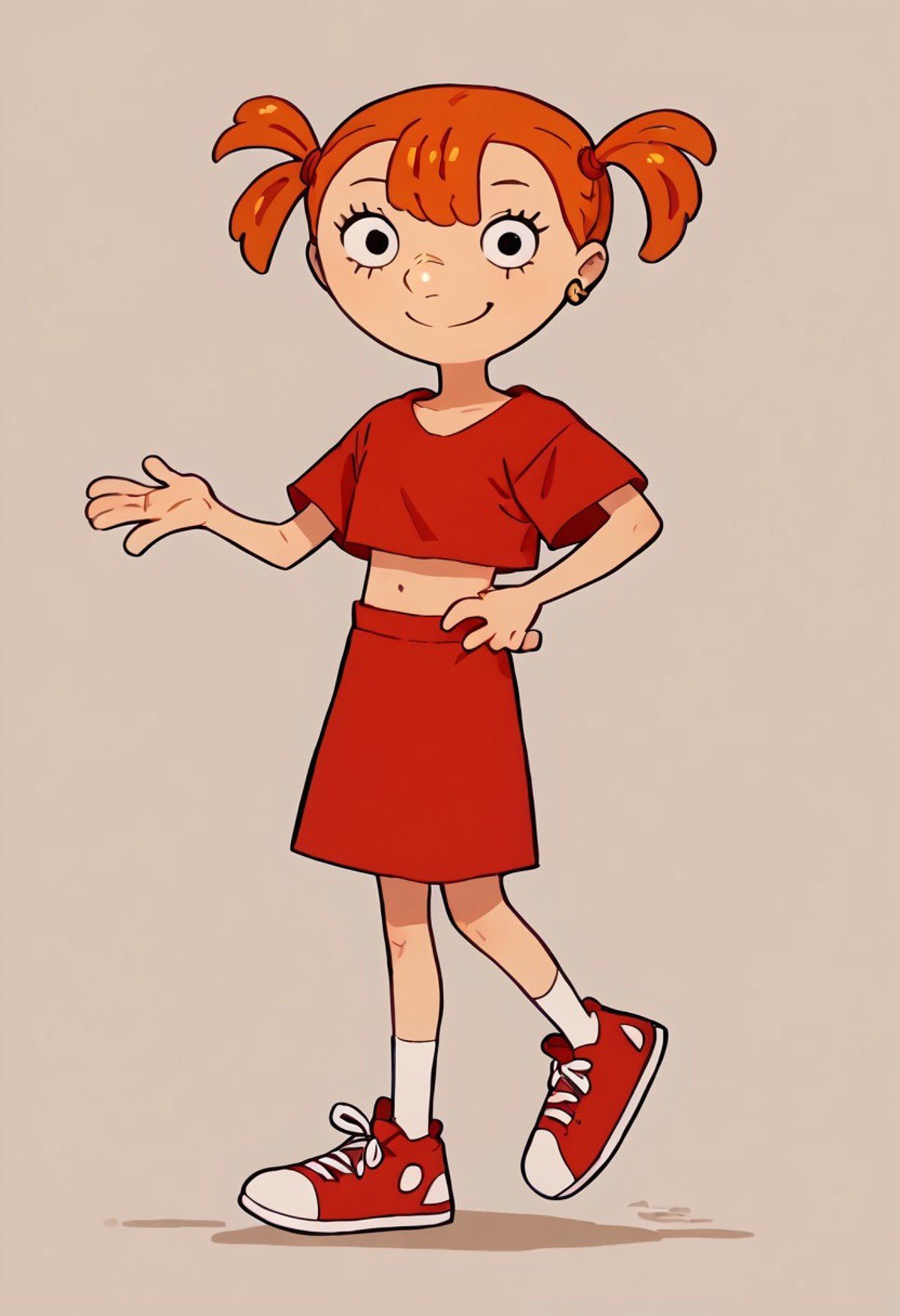 1girl. score_9, score_8_up, score_7_up BREAK mikel, 1girl, orange hair, pigtails, black eyes, left gold earrings, left gold earring, shortsleeved red crop top, midriff, bellybutton, red skirt, socks, red white shoes, smiling at viewer, cartoon, source_cartoon, cowboy shot,