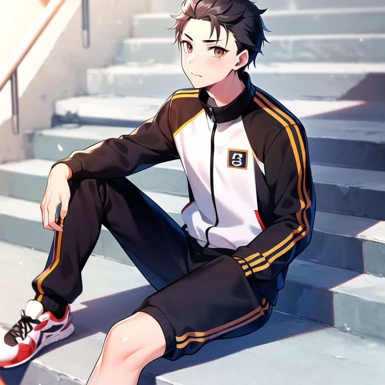 <lora:NatsukiSubaru:0.8>,BestCar,  1boy, solo,   tracksuit, sitting on staircase