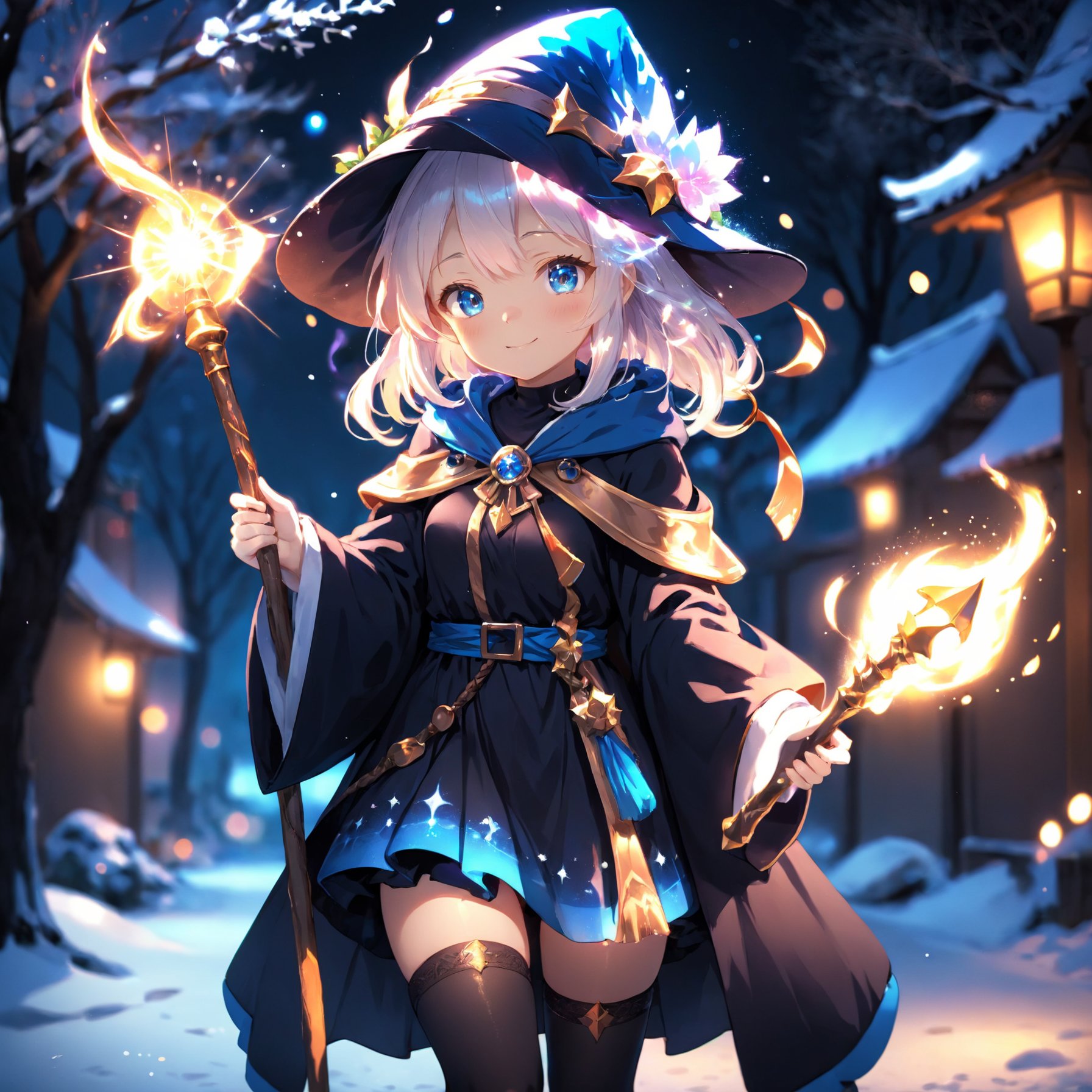 anime, cute girl, wizard hat, robe, thigh-highs, holding ancient staff, happy, midnight, bloom, ambient occlusion, glow, glowing lights, light particles, transparent, translucent, bokeh, depth of field, snow, wind