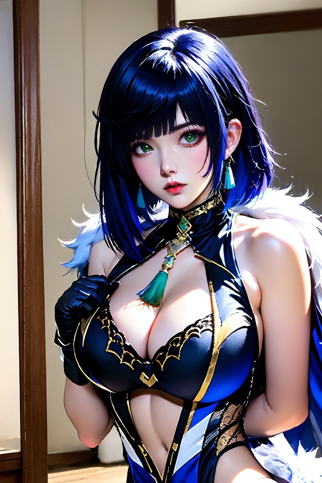 1girl, yelan \(genshin impact\), breasts, solo, blue hair, large breasts, green eyes, jewelry, looking at viewer, earrings, diagonal bangs, short hair, bare shoulders, white jacket, fur trim, cleavage, jacket, jacket on shoulders, fur-trimmed jacket, multicolored hair, bob cut, blue dress, gloves, lips, arm under breasts, mole, neck tassel, dice, sleeveless, dress, clothing cutout, breast hold, indoors, black hair, mole on breast, nose, parted lips, blunt bangs, hip vent, cleavage cutout, upper body, two-tone hair, mirror, tassel, unworn jacket, makeup, arms under breasts, ear piercing