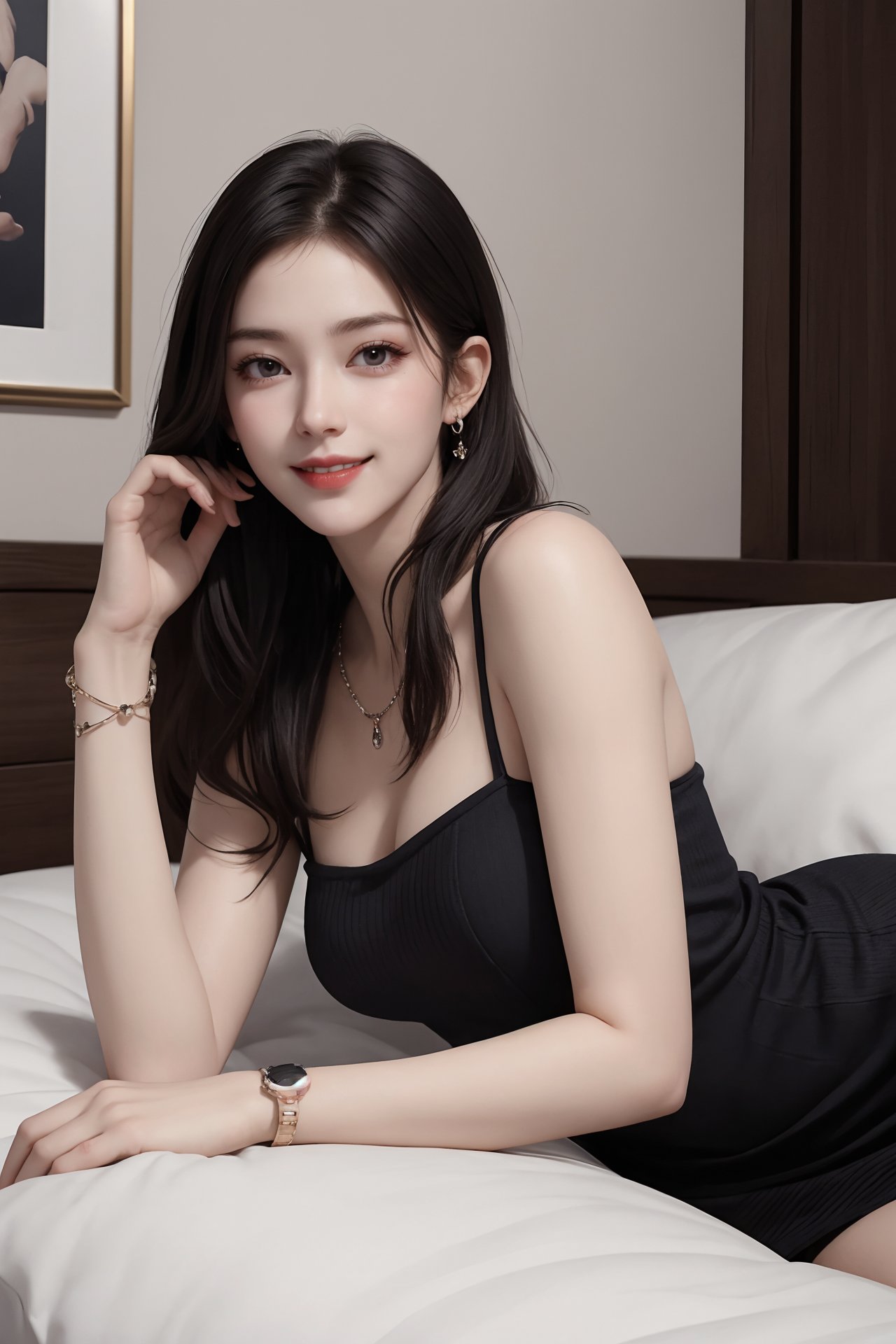 1girl, bed, black hair, bracelet, dress, jewelry, lips, long hair, looking at viewer, pillow, realistic, sitting, smile, solo, watch, wristband, wristwatch <lora:jk美女:0.8>