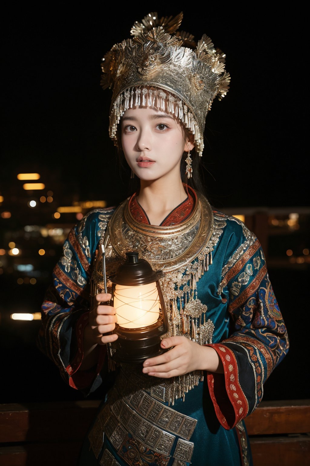 1girl,city night, ulzzang-6500-v1.1,(raw photo:1.2), (photorealistic:1.4), beautiful detailed girl, extremely detailed eyes and face, beautiful detailed eyes,absurdres, incredibly absurdres, huge filesize , ultra-detailed, highres, extremely detailed,best quality ,masterpiece, illustration, an extremely delicate and beautiful, extremely detailed ,CG ,unity ,8k wallpaper, Amazing, finely detail, masterpiece,best quality,official art,extremely detailed CG unity 8k wallpaper, light on face, cinematic lighting , <lora:YG苗疆青蓝服装:0.8>,