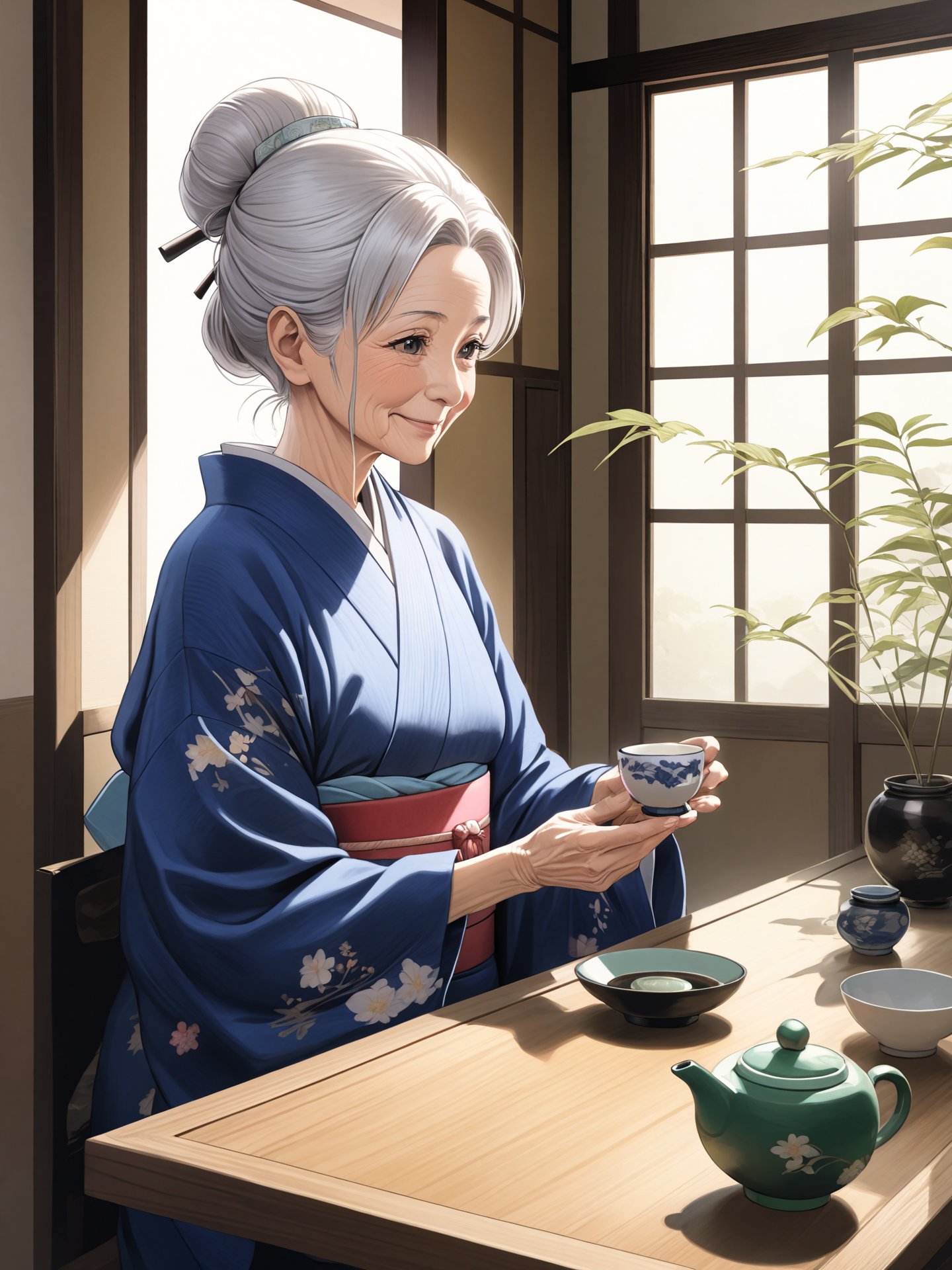 masterpiece, beautiful and aesthetic, ultra detail, intricate,  (old woman:1.2), (aged up), (slender), (wrinkled skin), (gentle nature), black eyes, white hair, medium hair, hair bun, (small body), kimono, drink a tea, smile sweetly,  Sketch art, cross-hatching, colored pencil painting, limited palette, Inside an old-fashioned Japanese-style teahouse, various types of tea leaves are sold in bottles. Tea can be tasted, and you can buy the one you like. The store has a quiet atmosphere, and small tables are placed by the window where you can enjoy tea and Japanese sweets.