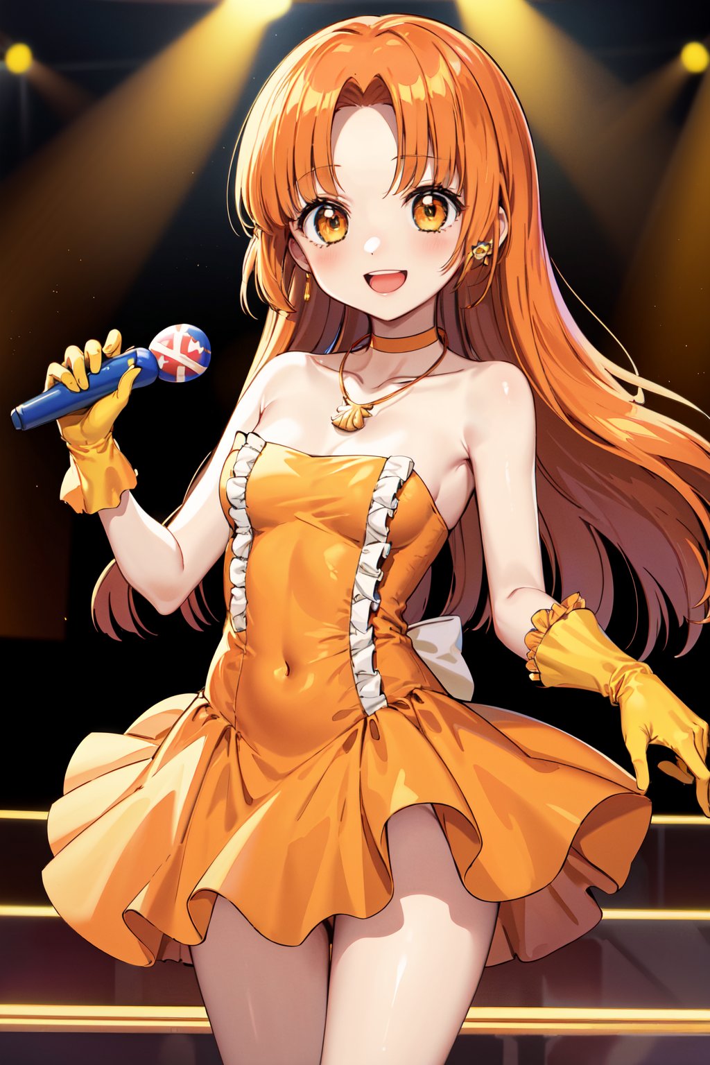 masterpiece, best quality, highres, 1girl, solo, long hair, orange hair, parted bangs, brown eyes, necklace, bare shoulders, frills, orange dress, strapless dress, yellow gloves, <lora:seira_v1:0.7>, standing, cowboy shot, stage, singing, holding microphone, smile