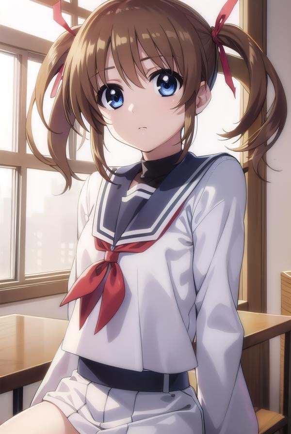 nanohatakamachi, <lora:nanoha takamachi movie2-lora-nochekaiser:1>,nanoha takamachi, takamachi nanoha, brown hair, twintails, blue eyes,BREAK long sleeves, ribbon, school uniform, serafuku, long sleeves, red ribbon, white sailor collar,BREAK indoors, classroom,BREAK looking at viewer, (cowboy shot:1.5),BREAK <lyco:GoodHands-beta2:1>, (masterpiece:1.2), best quality, high resolution, unity 8k wallpaper, (illustration:0.8), (beautiful detailed eyes:1.6), extremely detailed face, perfect lighting, extremely detailed CG, (perfect hands, perfect anatomy),