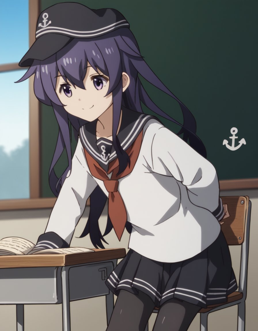 score_9, score_8_up, score_7_up, source_anime, <lora:kancolle-akatsuki-s1-ponyxl-lora-nochekaiser:1>, akatsuki, long hair, hair between eyes, purple eyes, purple hair, akatsuki (kancolle), skirt, shirt, long sleeves, hat, school uniform, pantyhose, pleated skirt, serafuku, black skirt, sailor collar, neckerchief, black pantyhose, red neckerchief, anchor symbol, flat cap,, classroom, chalkboard, day time, studying, sitting, chair, desk,, smile, , hands behind back, bent over, smile, solo,, cowboy shot, dutch angle