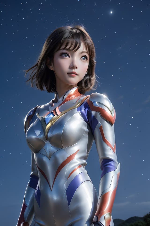 moonlight,ultraman,skyline,1girl,starry sky,<lora:Ultraman-000008 (1):0.5>,delicate features,upper body,looking at viewer, 