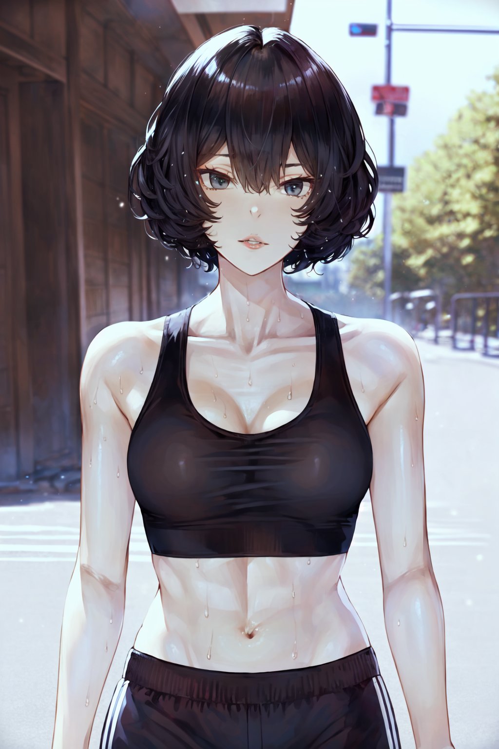 1girl,((solo)),sports bra,navel,short hair,black hair,looking at viewer,shorts,blurry background,parted lips,outdoors,bangs,midriff,blurry,thigh gap,cowboy shot,black eyes,bare shoulders,shiny,toned,abs,black shorts,standing,<lora:girl_偶像大师:1>