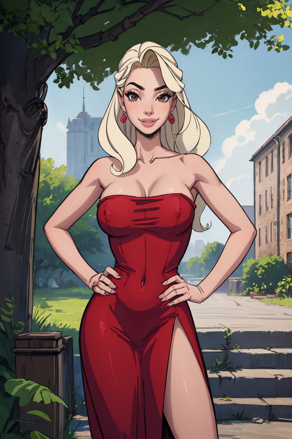 (masterpiece, best quality:1.2), <lora:sleepygimp:1>, sleepygimp, 1girl, solo, dress, jewelry, long hair, hand on hip, earrings, red dress, blonde hair, brown eyes, outdoors, looking at viewer, day, strapless, smile