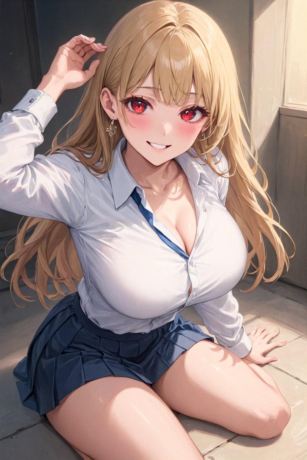 1girl, bangs, blonde hair, blue skirt, blush, breasts, cleavage, collarbone, collared shirt, dress shirt, ear piercing, earrings, grin, harimoji, jewelry, kitagawa marin, large breasts, long hair, long sleeves, looking at viewer, necktie, piercing, pleated skirt, red eyes, school uniform, shirt, skirt, sleeves rolled up, smile, solo, sono bisque doll wa koi wo suru, thighs, white shirt, basement, best quality, amazing quality, very aesthetic, incredibly absurdres, (best quality, 4k, 8k, highres, masterpiece, absurd, raytracing:1.2), absurdres, very aesthetic, (perfect hands, perfect anatomy), The highest image quality, excellent detail, ultra-high resolution, best illustration, attention to detail, detailed hands, expressive eyes, detailed eyes, detailed face, highly detailed