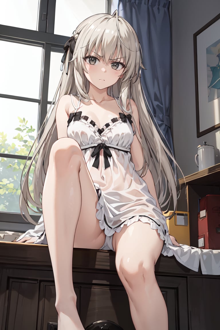 masterpiece, best quality, ultra-detailed, glistening shiny, glowing light, ray tracing, HDR, deph of field, (perfect face, detailed face),  <lora:KasuganoSora:0.7>, kasuganosora, long hair, small breasts, black hair ribbon,  angry, disgust, white nightgown, black bows, bare legs, feet, feet focus, steping on, low angle