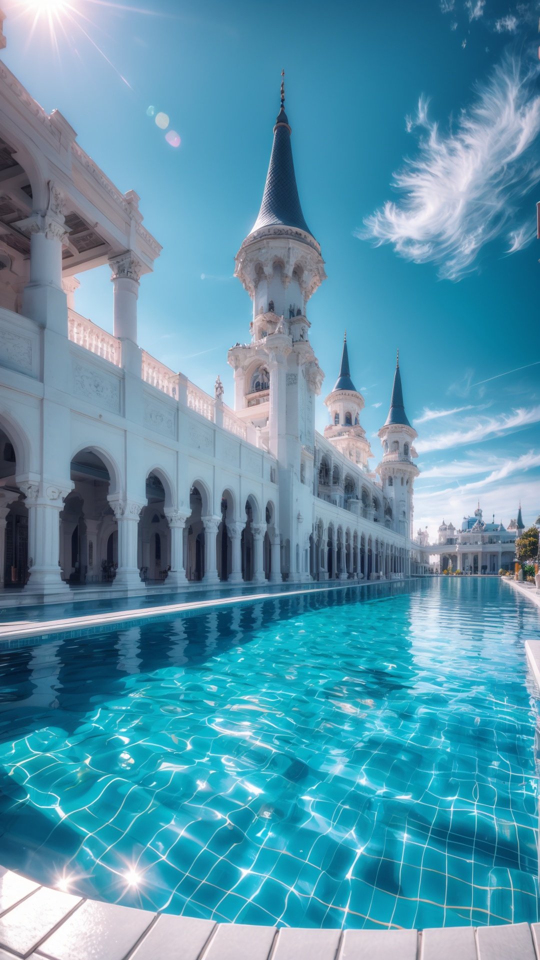 <lora:GONGDIAN_20240316014423:0.75>,GONGDIAN,(no humans:1.5),sky,scenery,water,day,blue sky,cloud,outdoors,building,reflection,column,tree,fantasy,sunlight,cloudy sky,sun,palm tree,pool,reflective water,castle,, scenery,no humans,masterpiece,best quality,high quality,extremely detailed CG,award winning photography,Bokeh,Depth of Field,HDR,bloom,Chromatic Aberration,Photorealistic,extremely detailed,trending on artstation,trending on CGsociety,Intricate,High Detail,dramatic,art by midjourney,volumetric lighting,(Magical),(epic),incredibly absurdres,official wallpaper,extremely detailed CG unity 8k wallpaper,chromatic aberration,detailed color,scene detail extremely tall object,