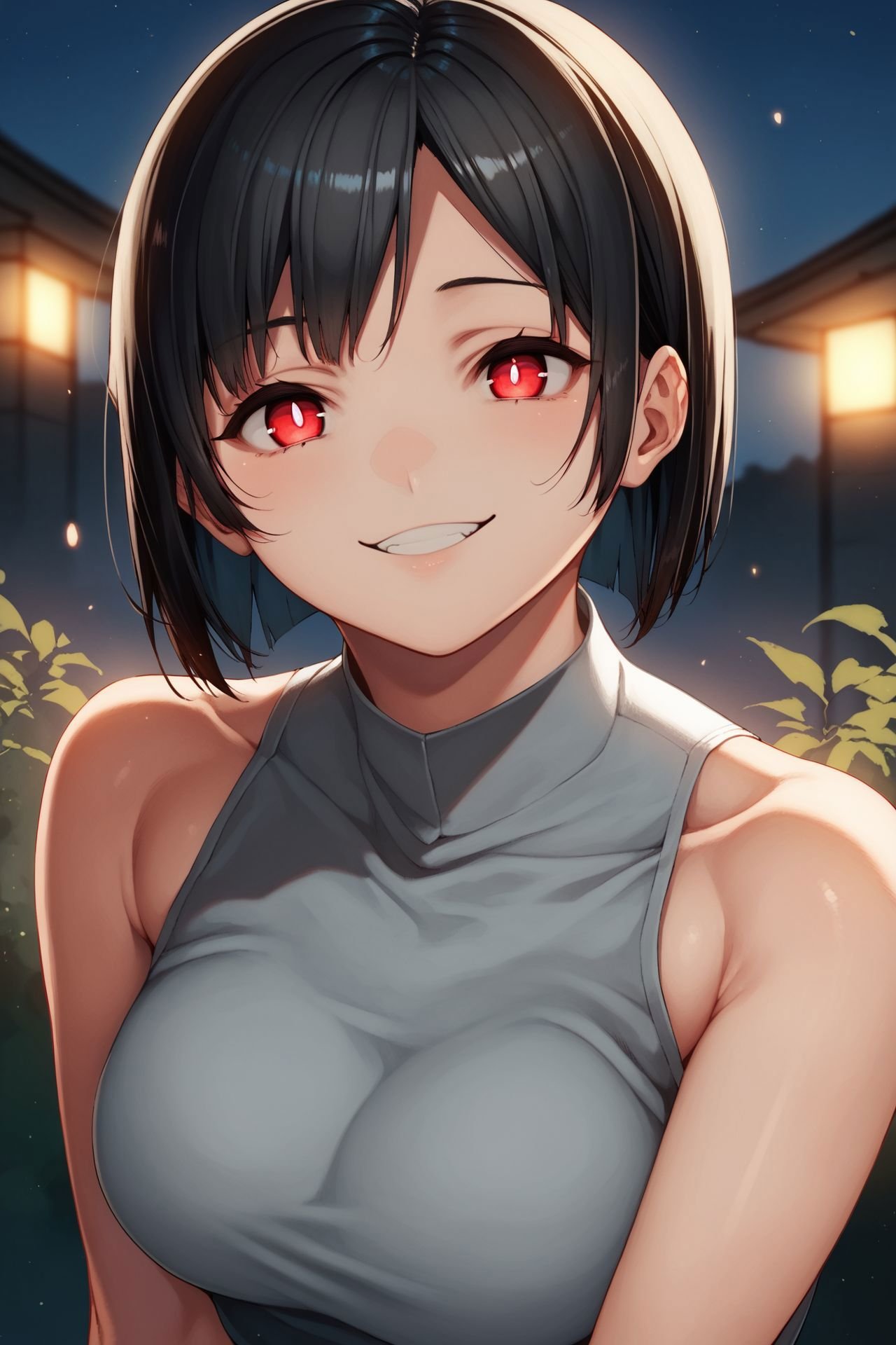 score_9, score_8_up, score_7_up, 1girl, looking at viewer, dojikko pose, smile, black hair, hair_over_eyes, red eyes, medium breasts, dark_grey sleeveless shirt, outdoors,  night <lora:Takemura_Youhei_PonyXL_style_v01:1>